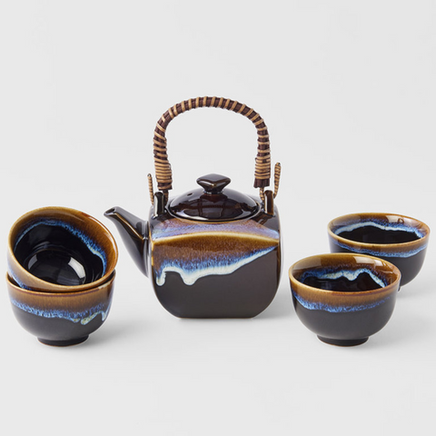 Japanese Tea Set - Tenmokku with Bright Blue Glaze